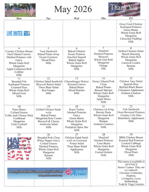 May 2026 Calendar of Meals