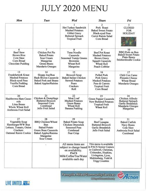July Home Delivered Meal Menu