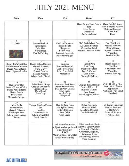 July 2021 Home Delivered Meal Menu