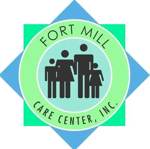 The Fort Mill Care Center&rsquo;s logo shows the silhouette of a group of 2 adults and 2 children on a purple circle. Behind is a green square and blue diamond on top of each other    